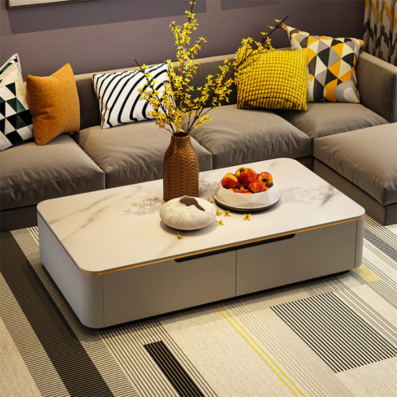 Iron Pedestal Base Coffee Table with Storage Drawers and Slate Top