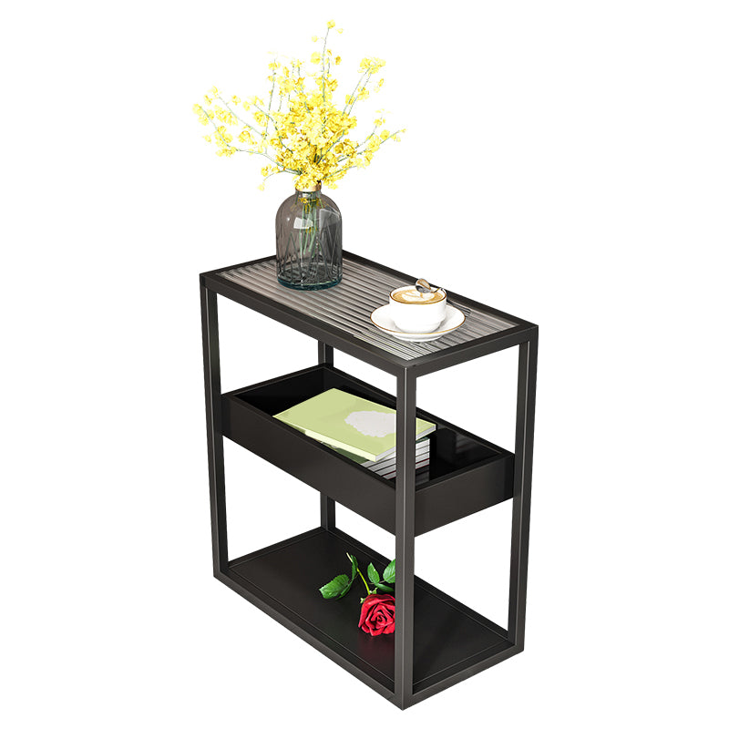 21.6" Tall Modern Rectangular Glass Top Side Table Iron Frame End Table with Shelves