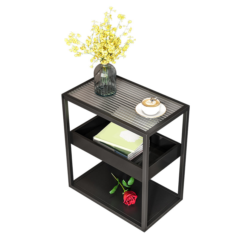 21.6" Tall Modern Rectangular Glass Top Side Table Iron Frame End Table with Shelves