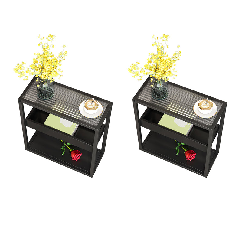 21.6" Tall Modern Rectangular Glass Top Side Table Iron Frame End Table with Shelves