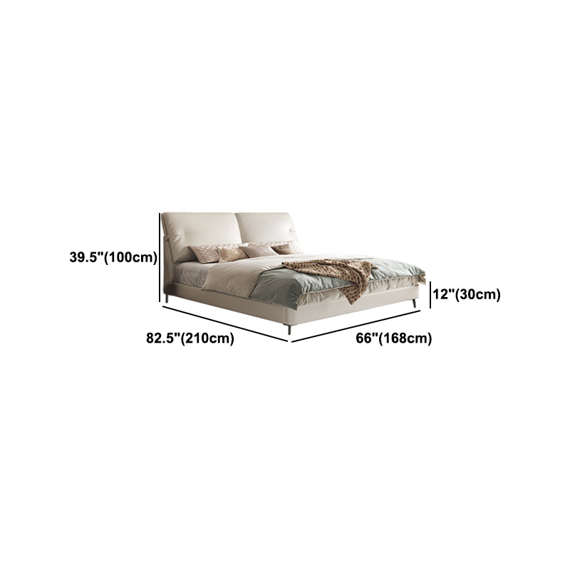 Modern Genuine Leather Bed Frame Pine Wood Panel Bed with Upholstered Headboard