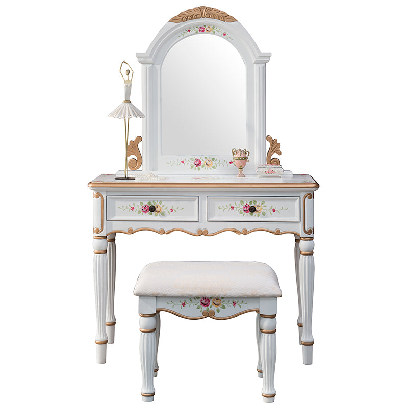 Victorian 2 Drawers MakeupTable Stool Set with Mirror for Bedroom