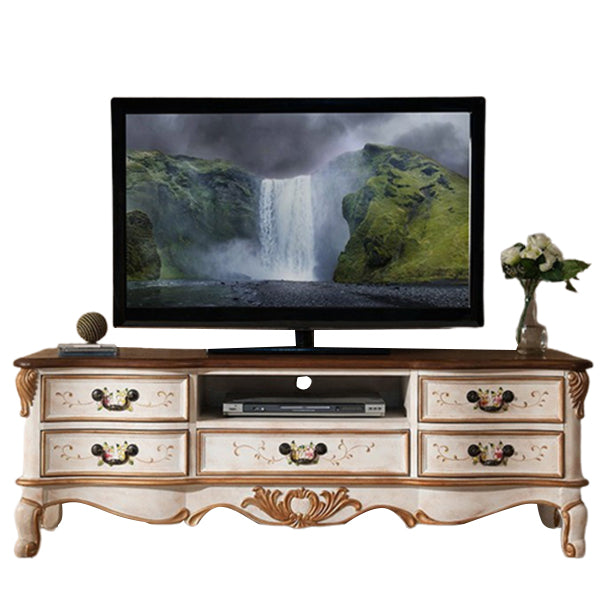 Vintage Birch Wood Media Console Matte Finish TV Media Stand with Drawers and Open Storage