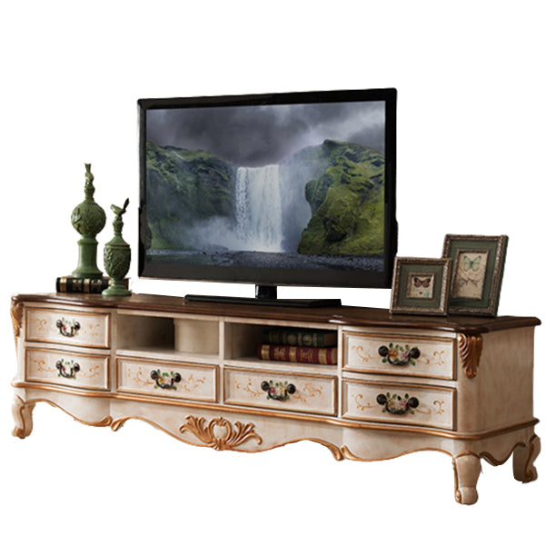 Vintage Birch Wood Media Console Matte Finish TV Media Stand with Drawers and Open Storage