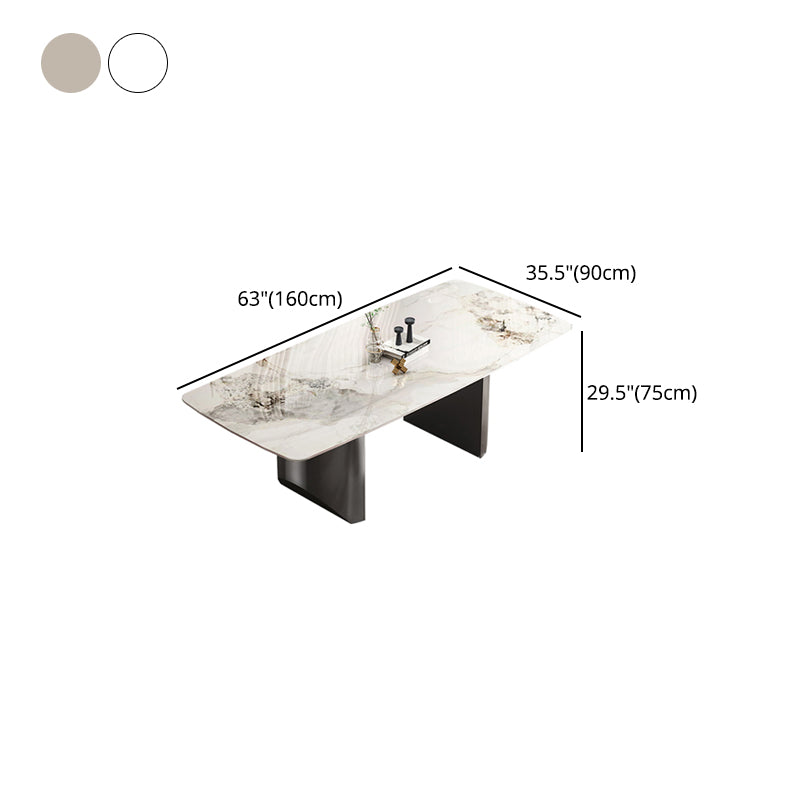Rectangle Double Pedestal Table Modern Stone Top Black Base Dining Site Table