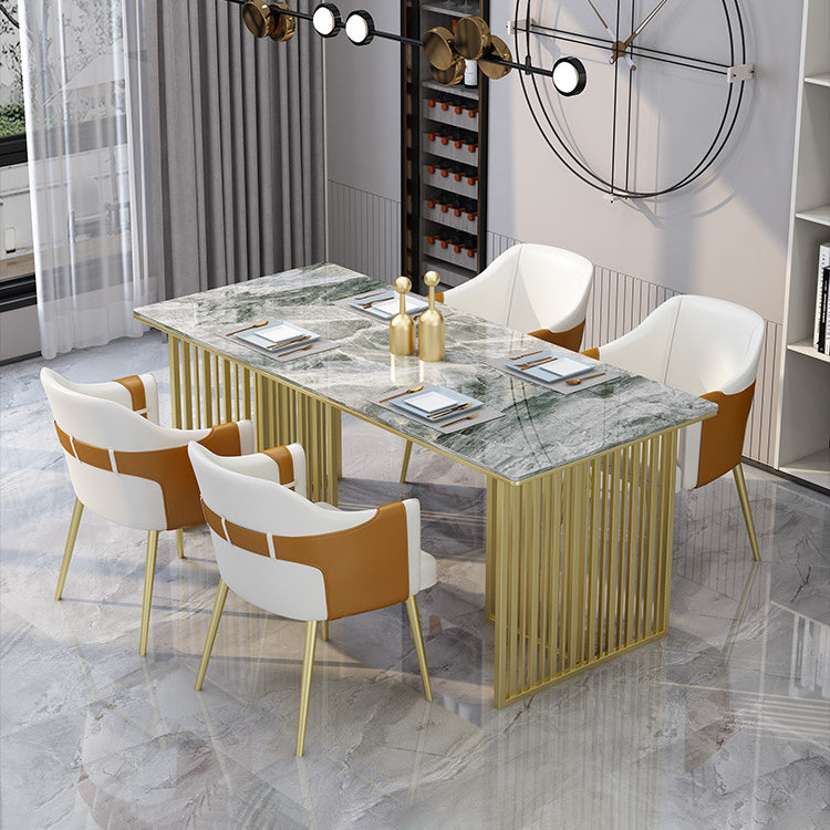 Luxury Rectangle Dining Table Sintered Stone Top Gold Metal Base Table