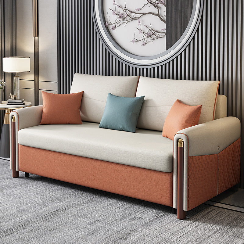 Contemporary Square Arm Faux Leather Stain Resistant Couch Bed with 2 Pillows