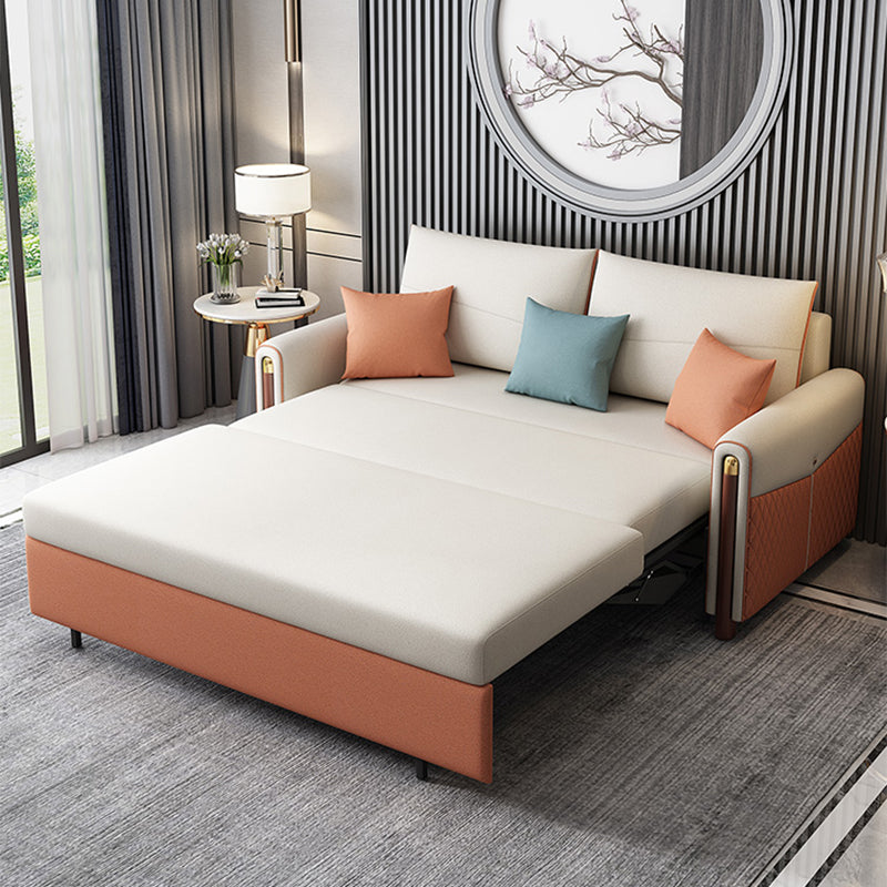 Contemporary Square Arm Faux Leather Stain Resistant Couch Bed with 2 Pillows
