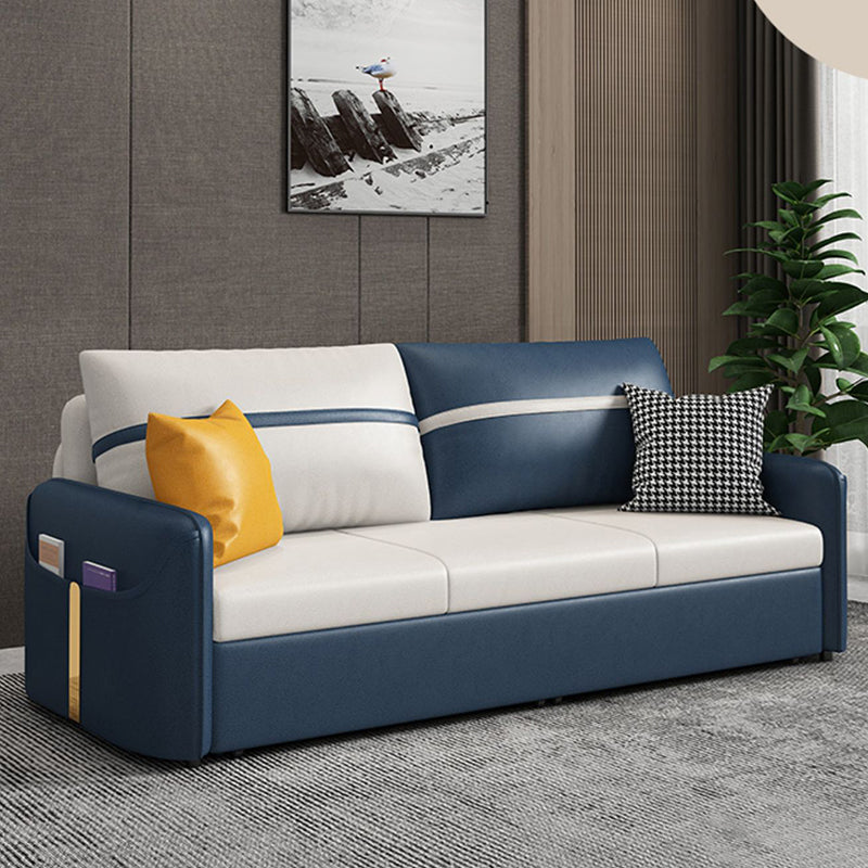 Square Arm Contemporary Convertible Faux Leather Couch Bed with 2 Pillows