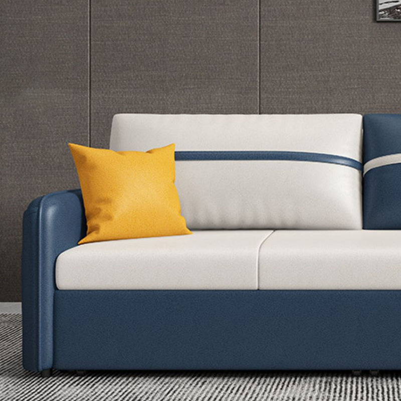 Square Arm Contemporary Convertible Faux Leather Couch Bed with 2 Pillows