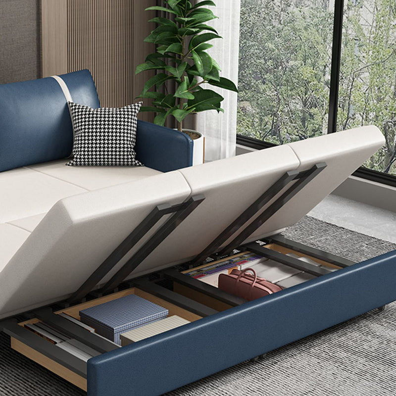 Square Arm Contemporary Convertible Faux Leather Couch Bed with 2 Pillows