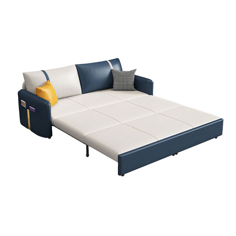 Square Arm Contemporary Convertible Faux Leather Couch Bed with 2 Pillows