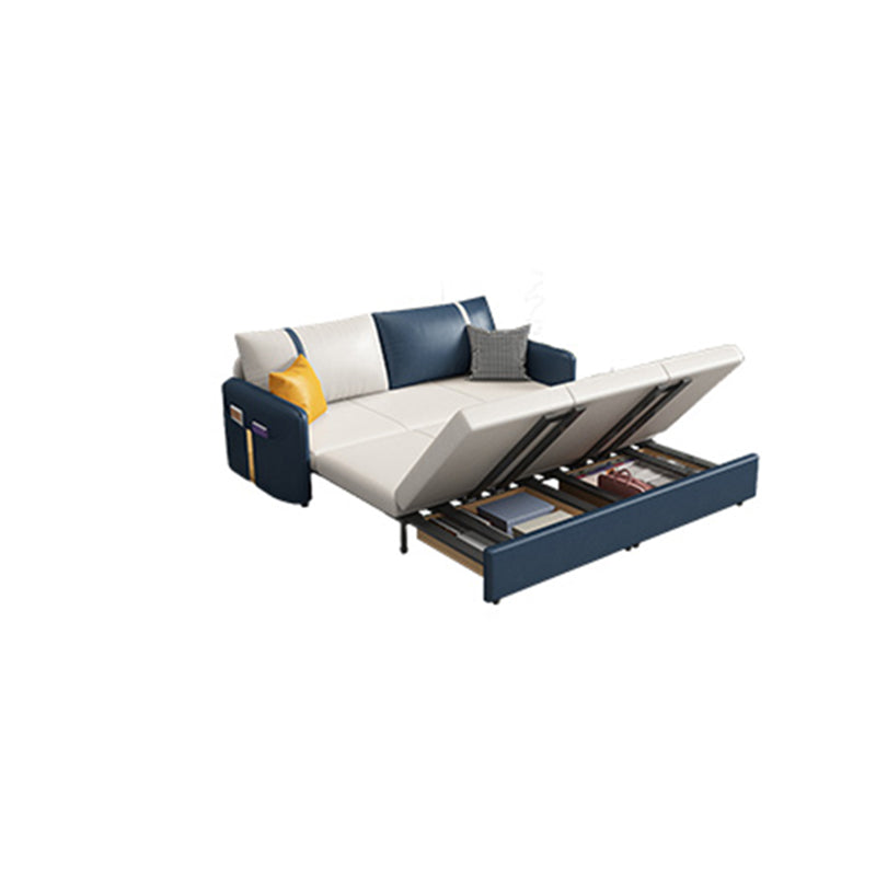Square Arm Contemporary Convertible Faux Leather Couch Bed with 2 Pillows
