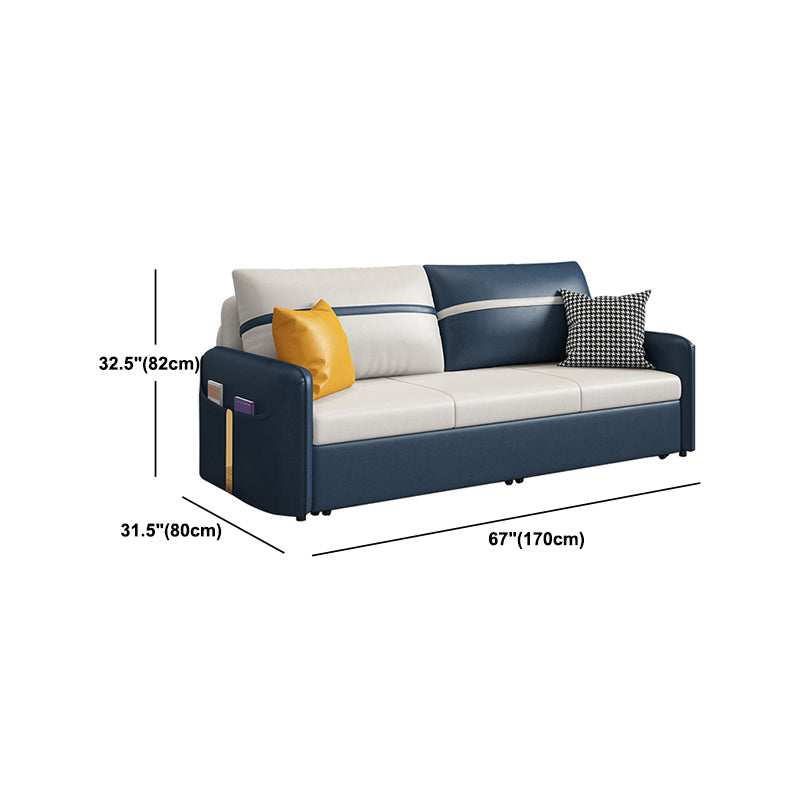 Square Arm Contemporary Convertible Faux Leather Couch Bed with 2 Pillows
