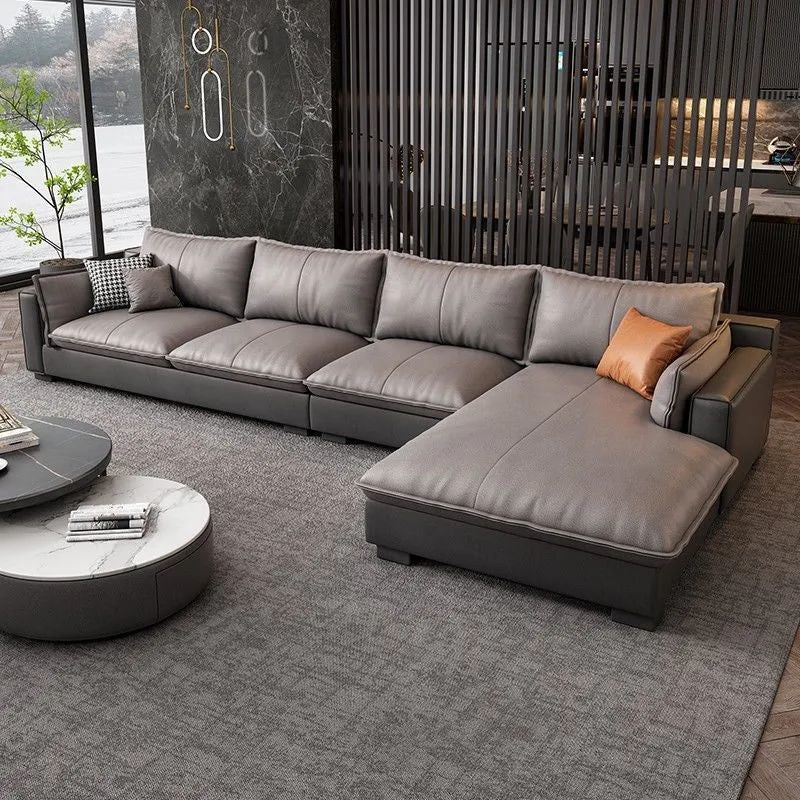 Faux Leather Contemporary Style Square Arm Sectional with Pillows