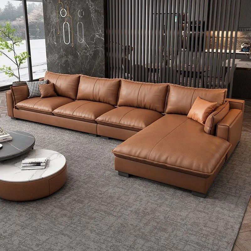 Faux Leather Contemporary Style Square Arm Sectional with Pillows