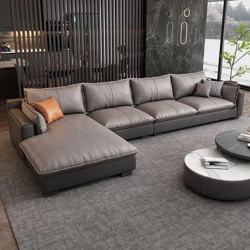 Faux Leather Contemporary Style Square Arm Sectional with Pillows