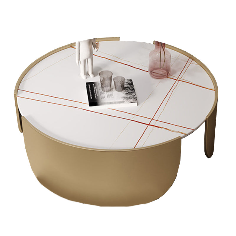Glam Stone Top Coffee Table with Steel Drum Base Round Cocktail Table
