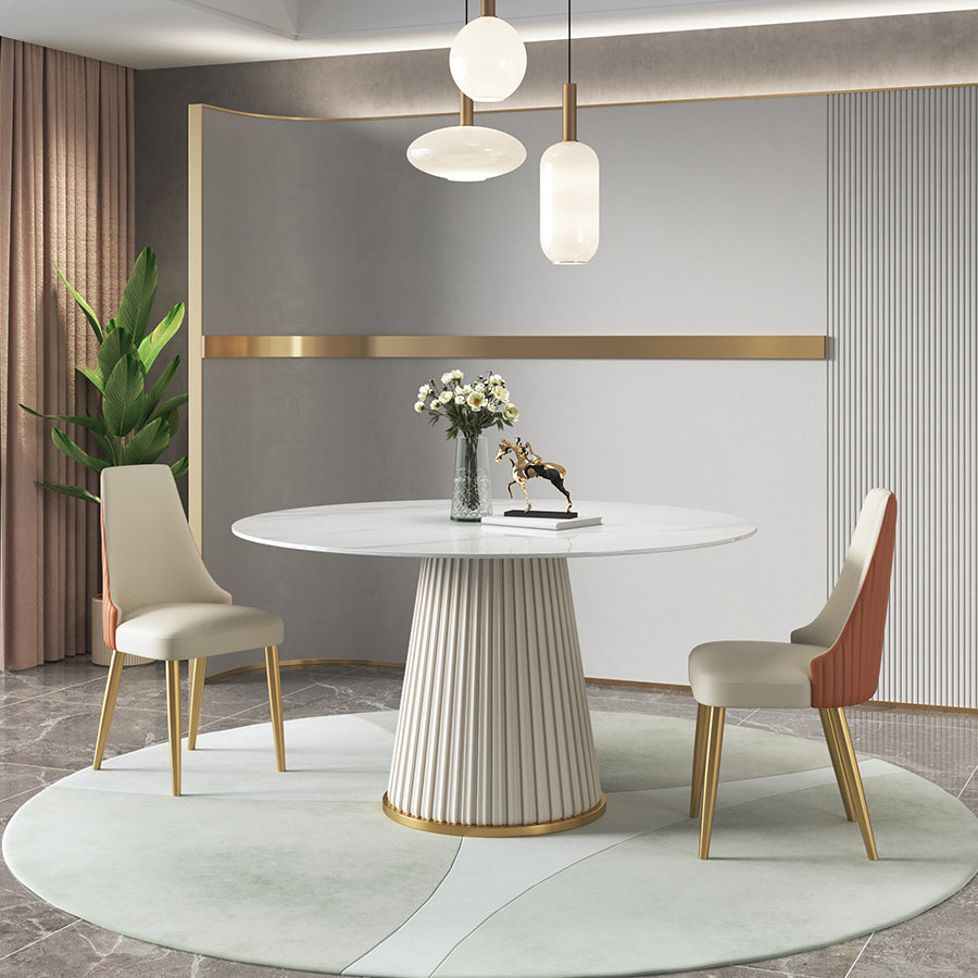 Sintered Stone Top Dining Table in White Luxury Kitchen Table with Pedestal Base