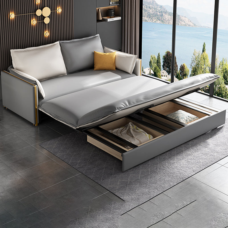 Modern Square Arm Faux Leather Sofa Bed with Pillows for Bedroom