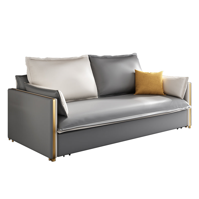 Modern Square Arm Faux Leather Sofa Bed with Pillows for Bedroom
