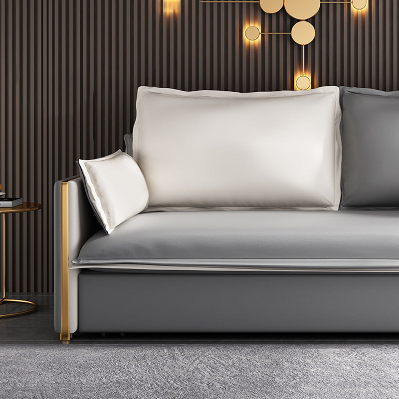 Modern Square Arm Faux Leather Sofa Bed with Pillows for Bedroom