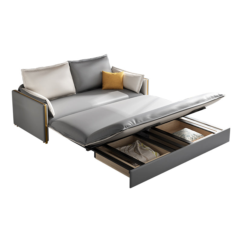 Modern Square Arm Faux Leather Sofa Bed with Pillows for Bedroom