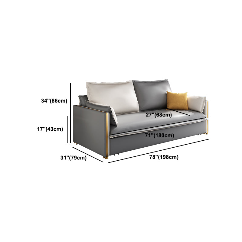 Modern Square Arm Faux Leather Sofa Bed with Pillows for Bedroom