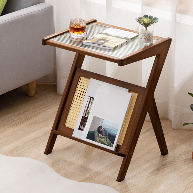 21.6" Tall Modern Rectangular Glass Top Side Table Wood Abstract End Table with Shelf