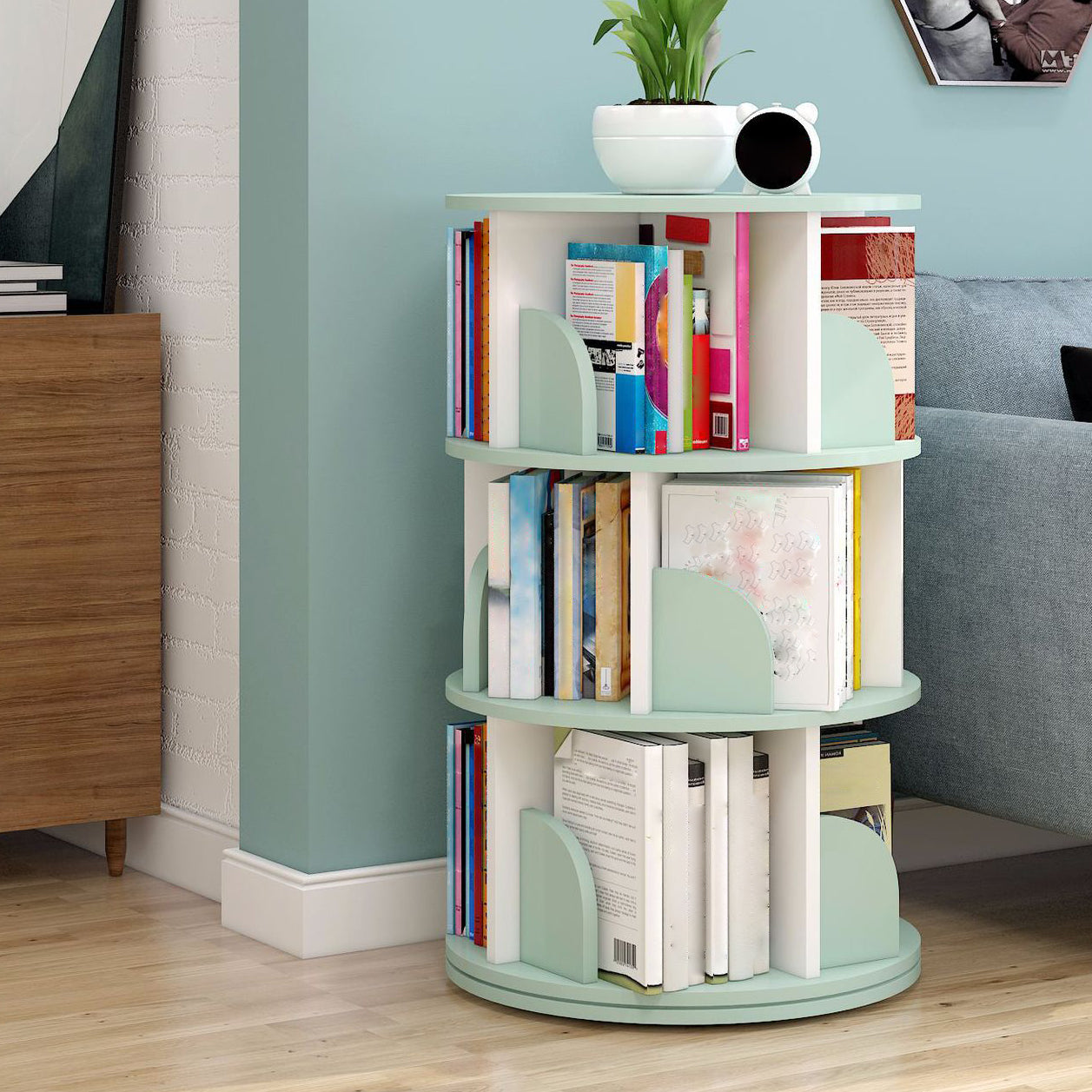 Modern Wooden Rotatable Bookcase Study Room Geometric Bookshelf