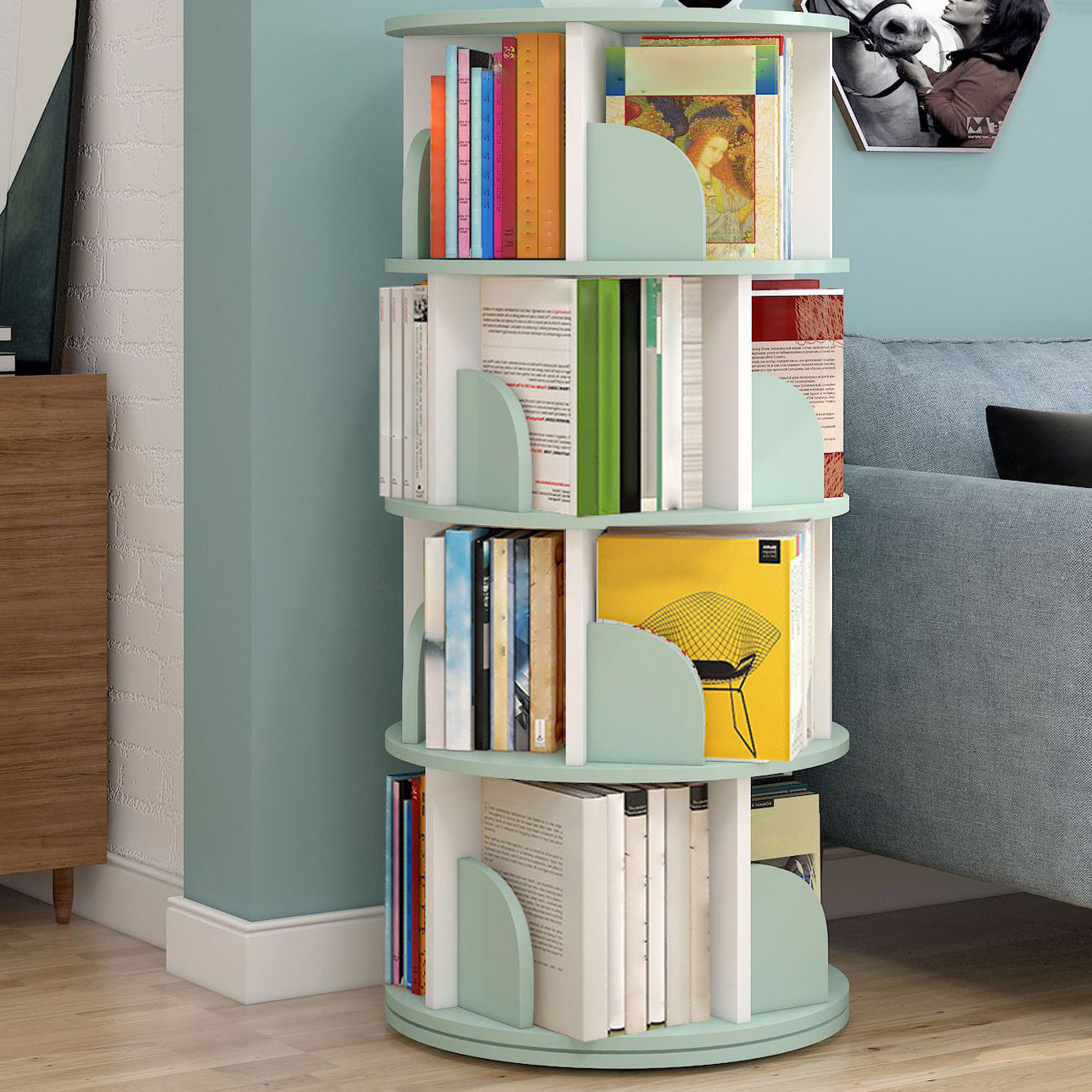 Modern Wooden Rotatable Bookcase Study Room Geometric Bookshelf