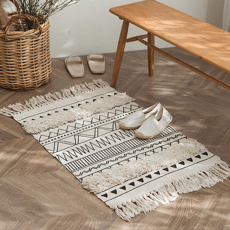 Ethnic Indoor Rug Funky Ameicana Pattern Rug Cotton Blend Washable Carpet with Fringe