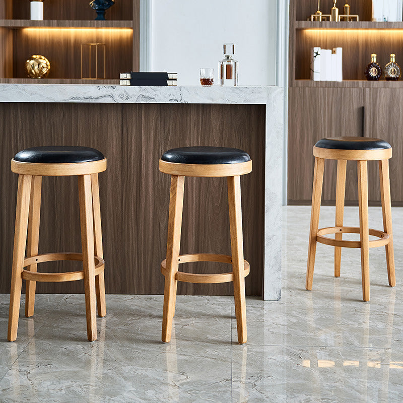 Modern Round Bar Stool Oak Solid Wood Bar Stool with PU Leather