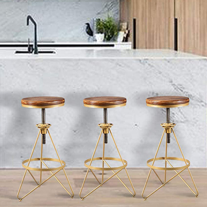 Industrial Adjustable Height Bar Stool Round Solid Wood with Iron Legs