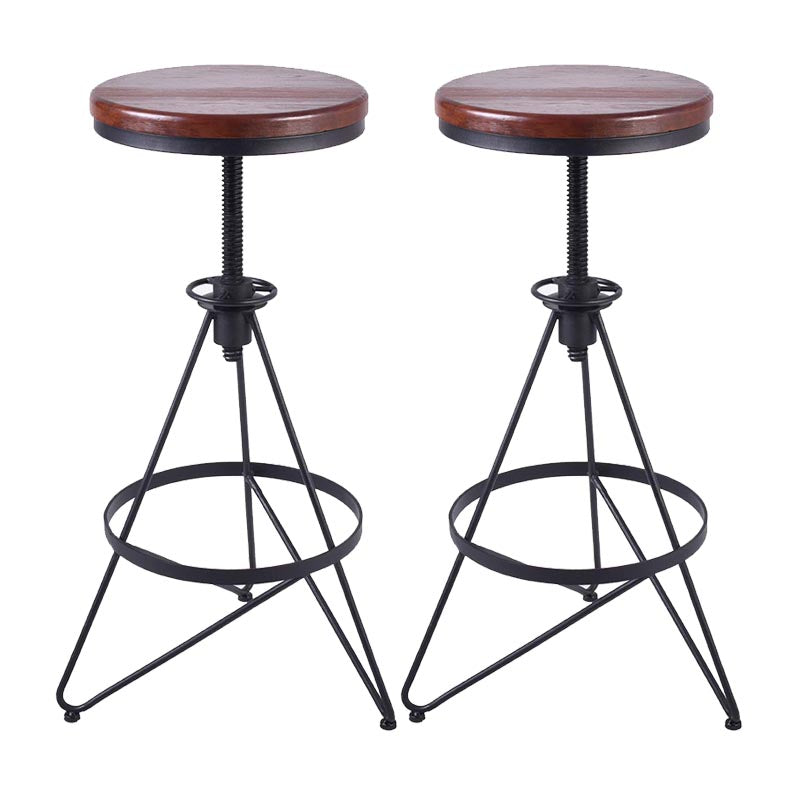 Industrial Adjustable Height Bar Stool Round Solid Wood with Iron Legs