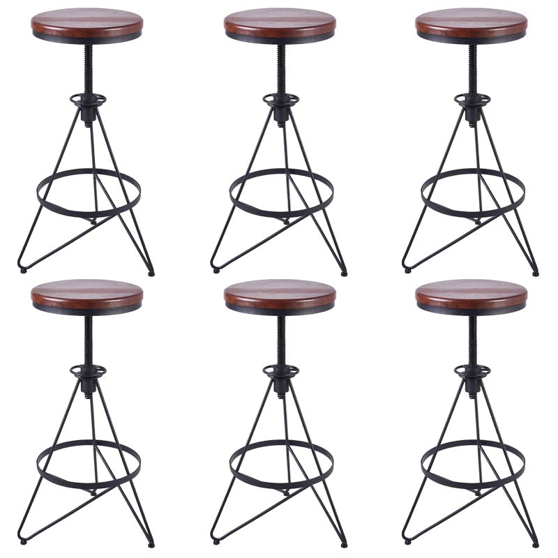 Industrial Adjustable Height Bar Stool Round Solid Wood with Iron Legs
