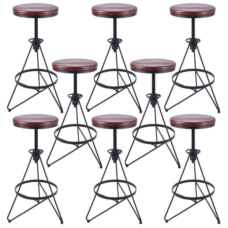 Industrial Adjustable Height Bar Stool Round Solid Wood with Iron Legs