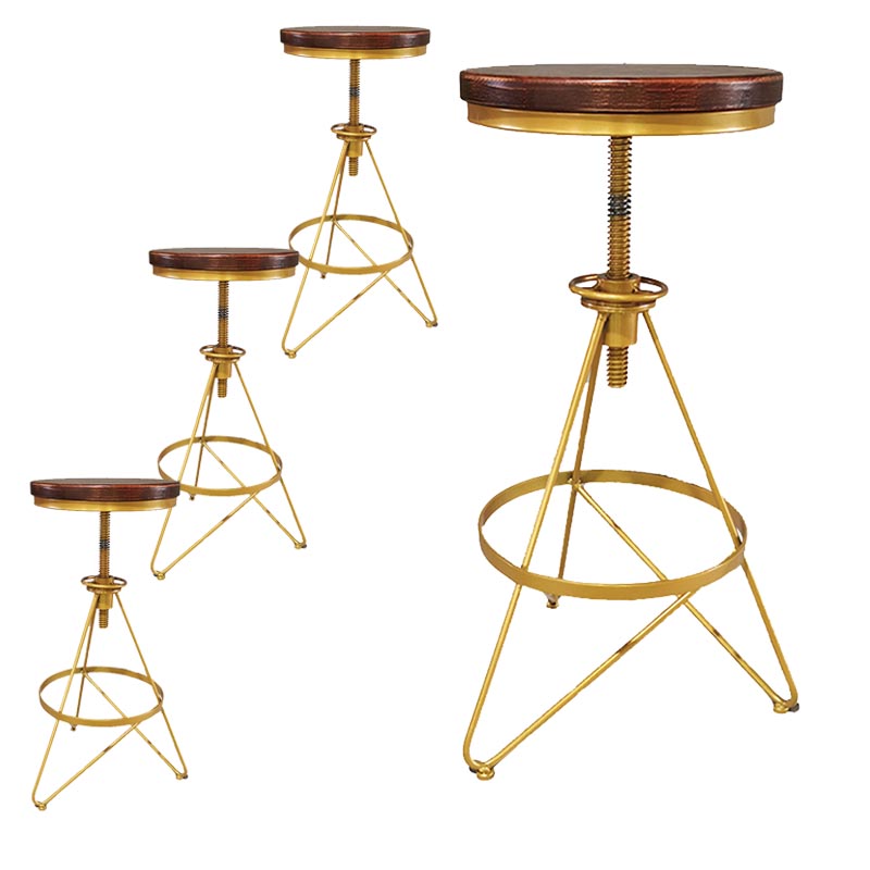 Industrial Adjustable Height Bar Stool Round Solid Wood with Iron Legs