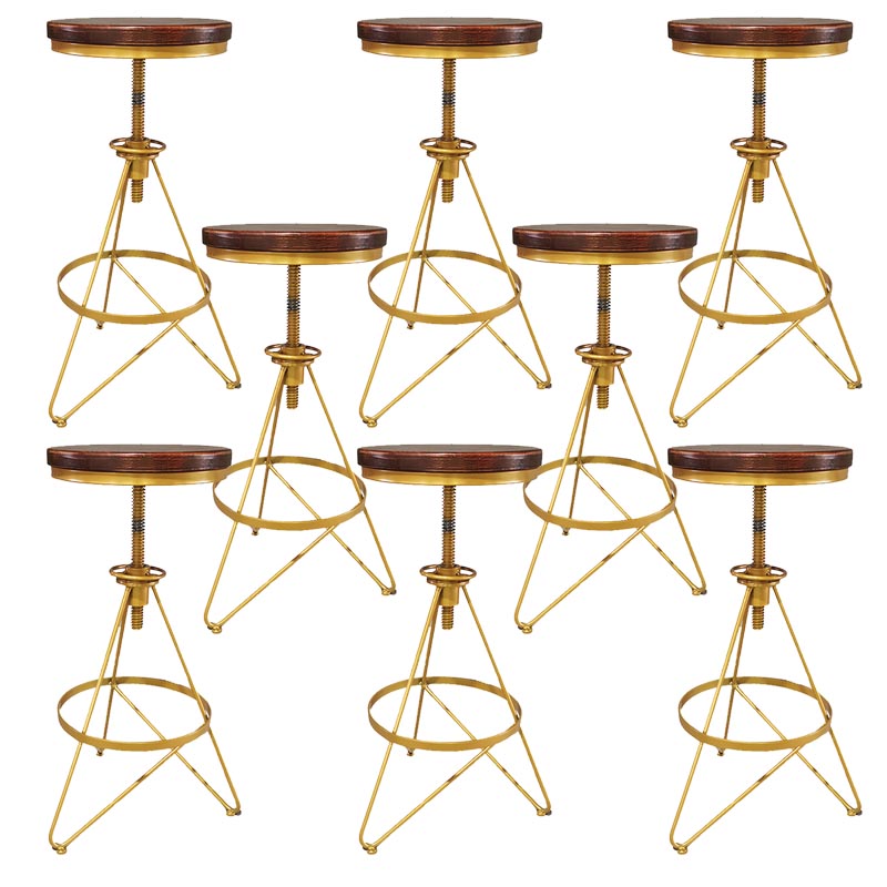 Industrial Adjustable Height Bar Stool Round Solid Wood with Iron Legs