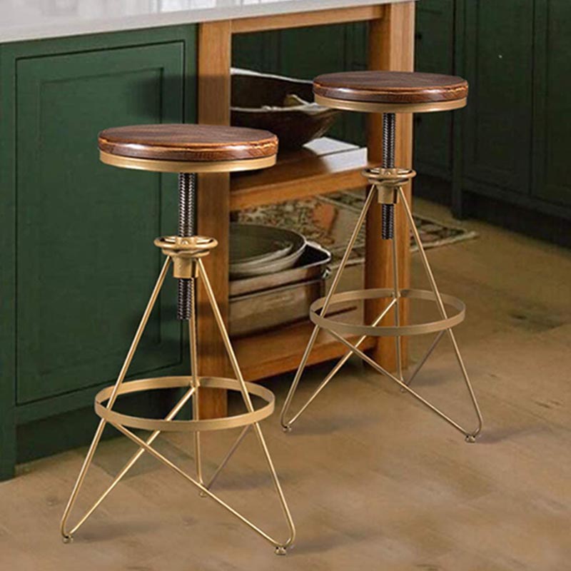 Industrial Adjustable Height Bar Stool Round Solid Wood with Iron Legs