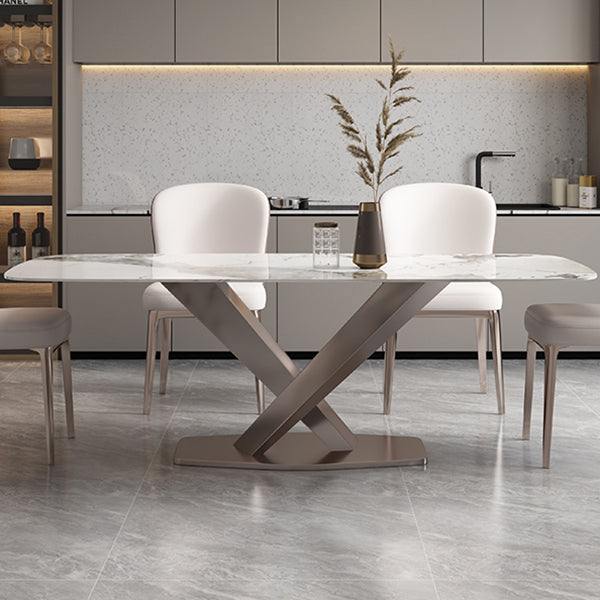 Metal Traditional Luxury Rectangle Table Sintered Stone Top Table with Pedestal