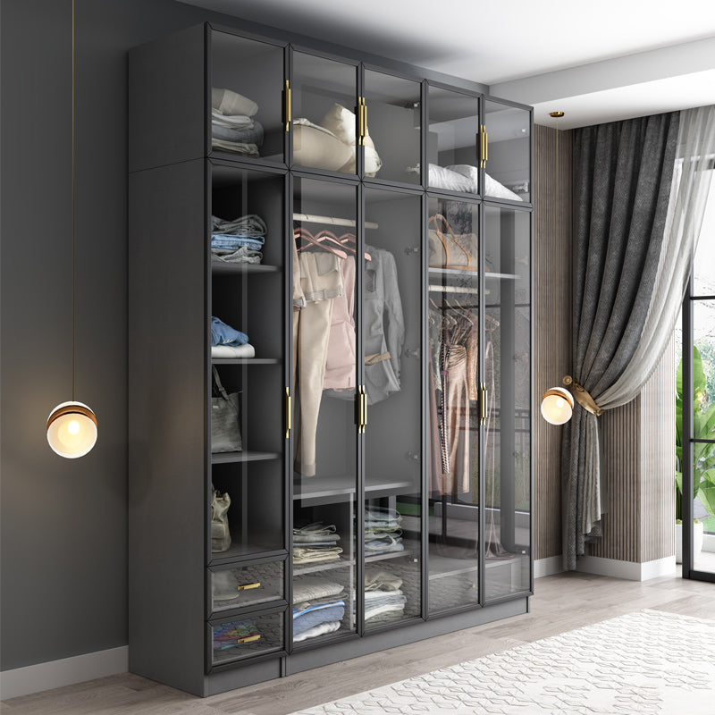 Contemporary Style Glass Wardrobe Grey Colour Wardrobe Closet