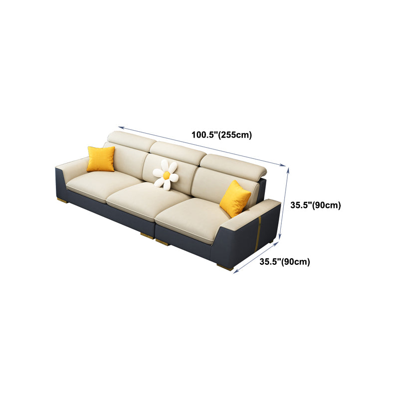 Nordic Grey and Beige Sofa Faux Leather Square Sewn Pillow Back Sofa