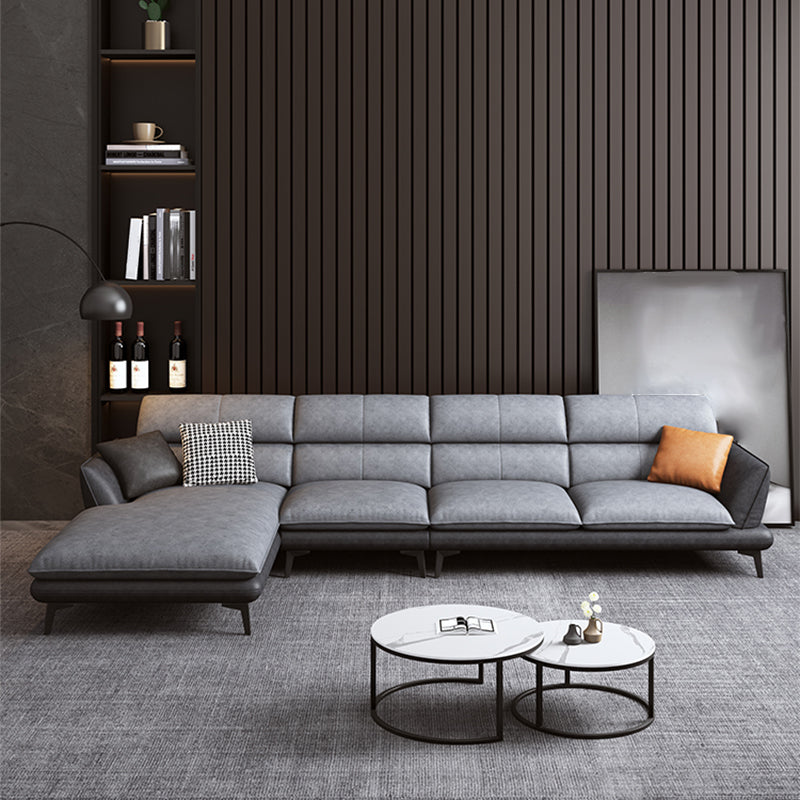 Flared Arm Sofa & Chaise Modern Faux Leather Sofa in Dark Grey