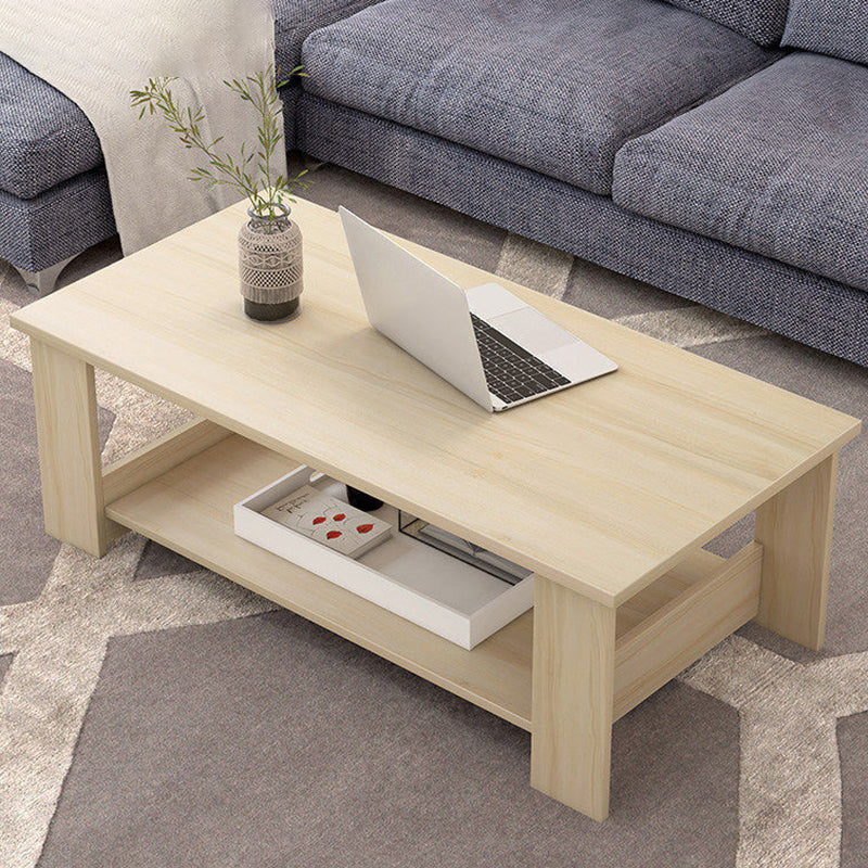 Modern Rectangle Coffee Table with Storage Shelf and 4 Wooden Legs