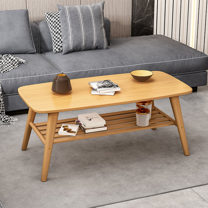 Nordic Style Rectangular Solid Wood 4 Legs Base with Storage Rack Coffee Table
