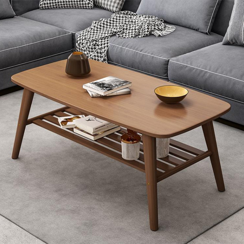 Nordic Style Rectangular Solid Wood 4 Legs Base with Storage Rack Coffee Table