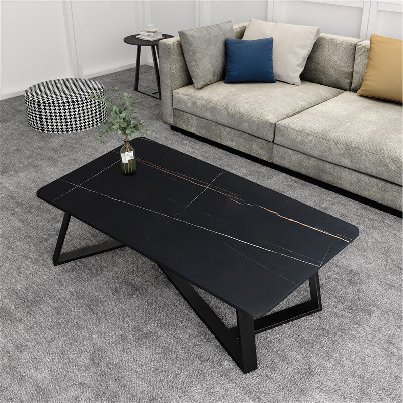 Glam Stone Coffee Table with Black Steel Base and Rectangle Top