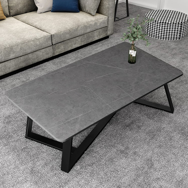 Glam Stone Coffee Table with Black Steel Base and Rectangle Top