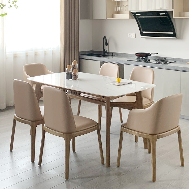 White Stone Top Table Mid-Century Modern Table with 4 Wood Legs